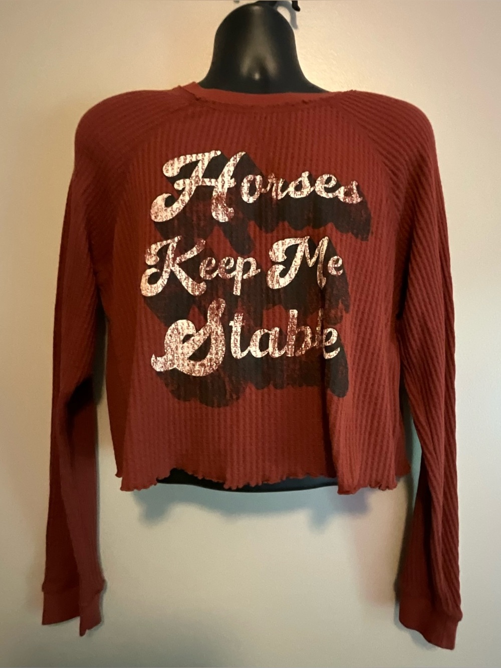 Shyanne Rust Red Graphic Waffle-Knit Long-Sleeve Top